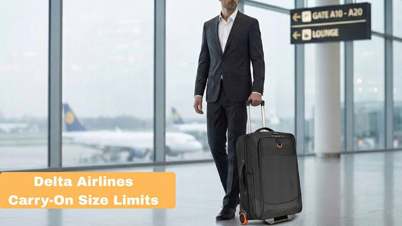A business traveler standing in a modern airport terminal with a sleek black Everki carry-on backpack, ready for a Delta Airlines flight.