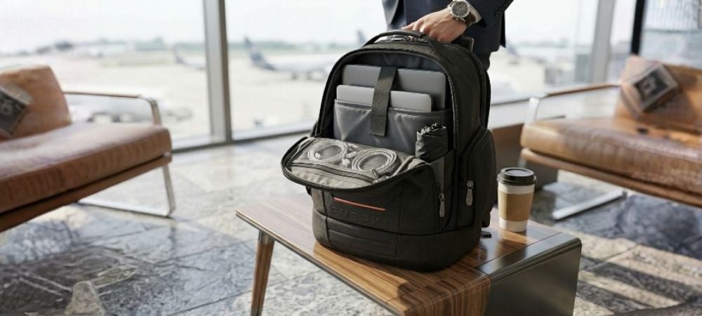 Text: Best One-Bag Setup for Carrying Two Laptops