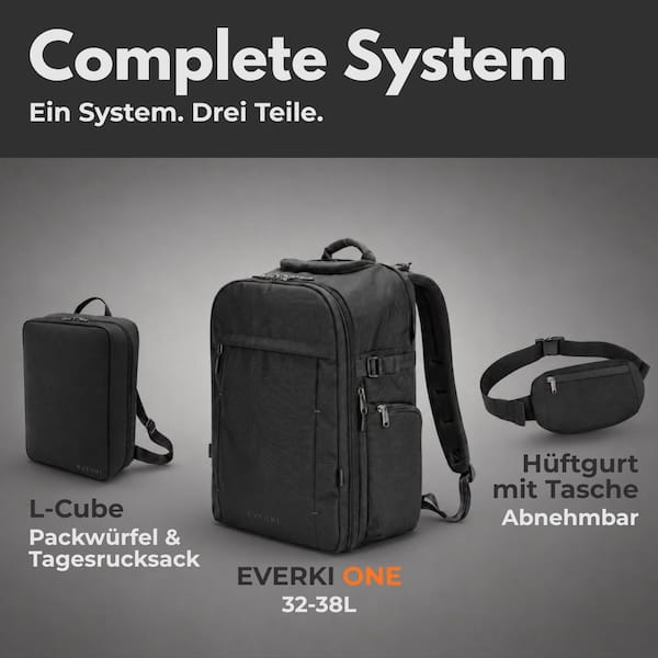 Complete System: EVERKI ONE Rucksack, großer Packwürfel-Daypack und Hüftgurt mit Gürteltasche für 199 €, spare 96 €
