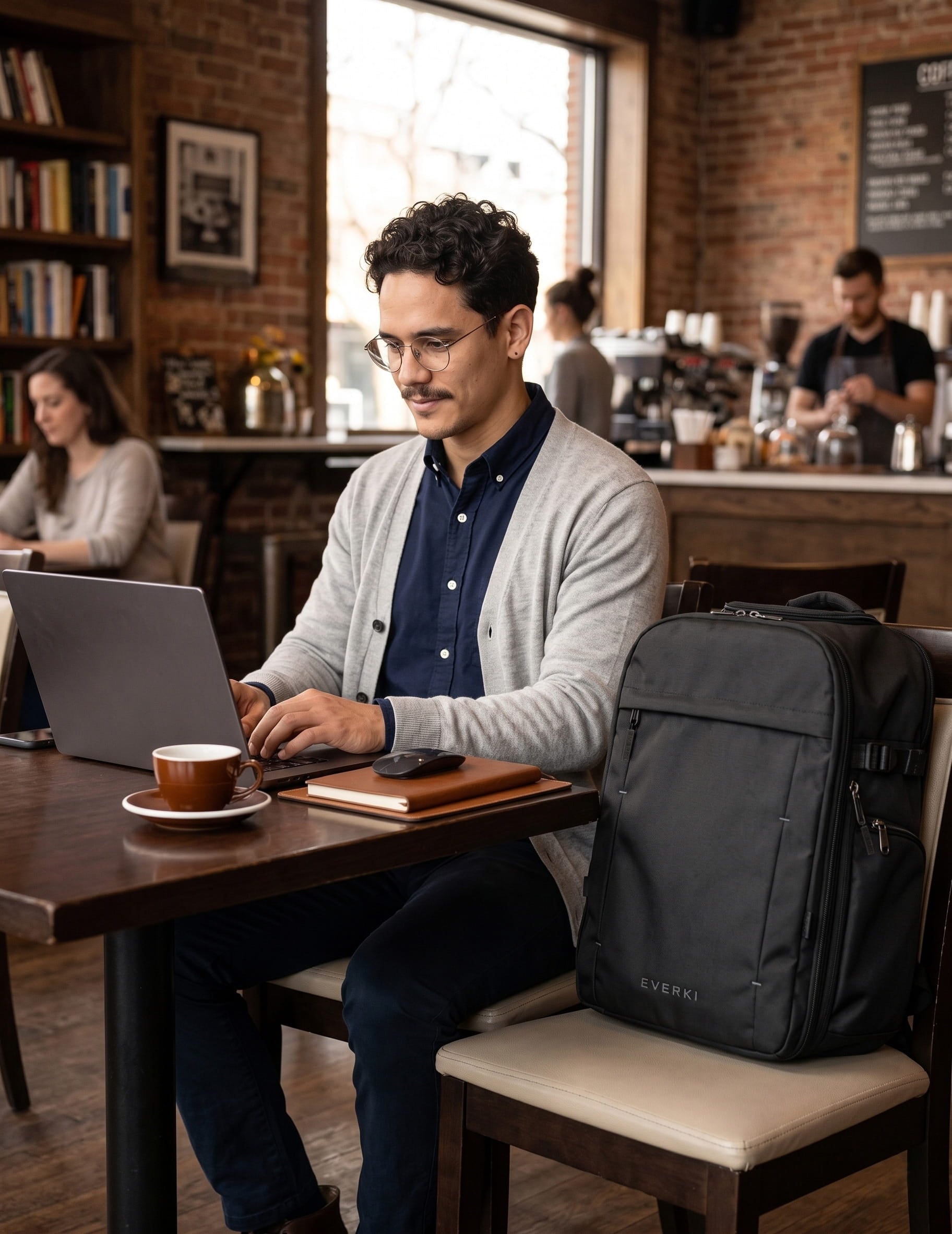 EVERKI ONE backpack beside a laptop in a cafe work setting