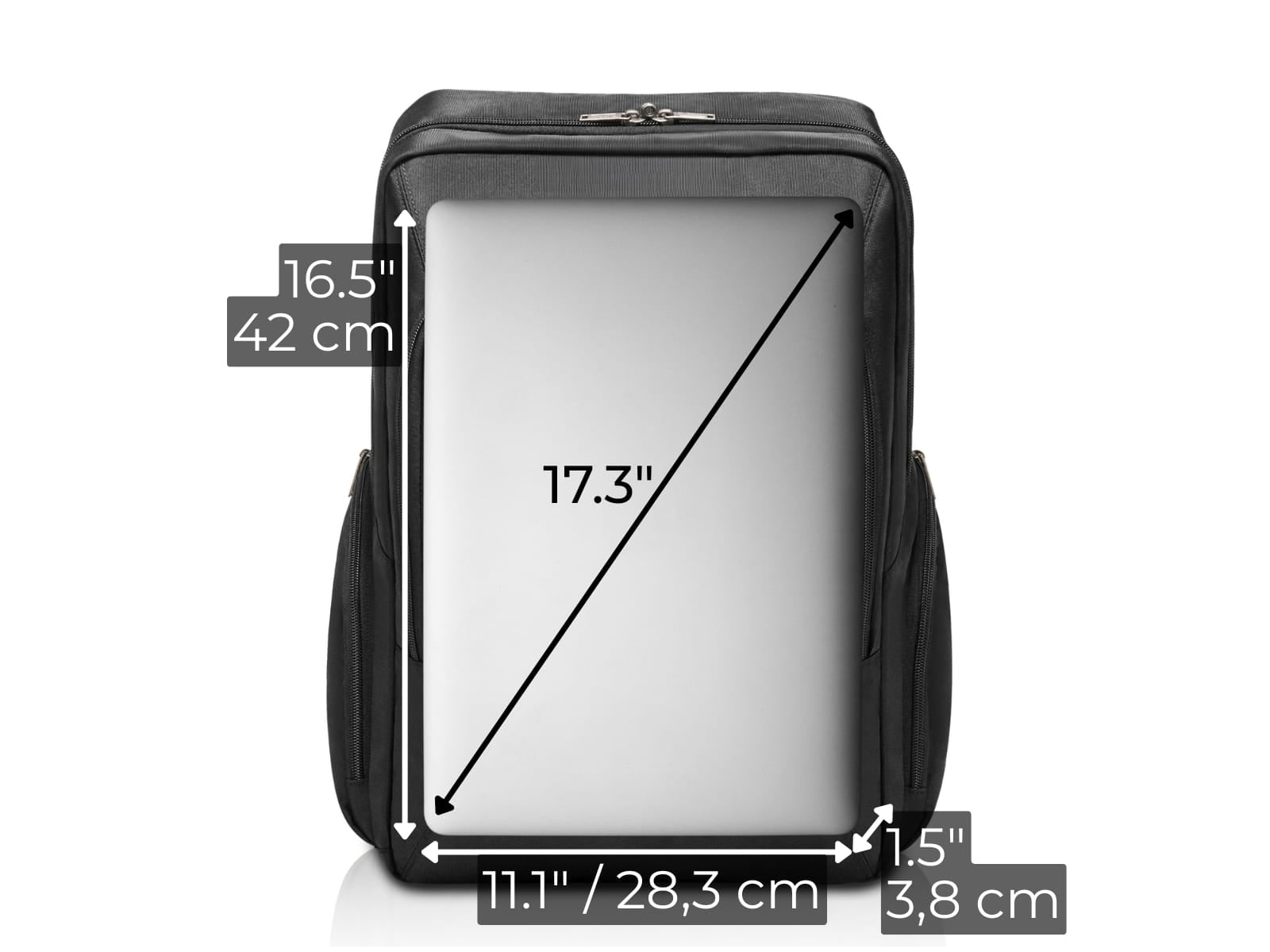 Diagram showing the maximum laptop dimensions that fit inside the Atlas Backpack 17 padded sleeve.