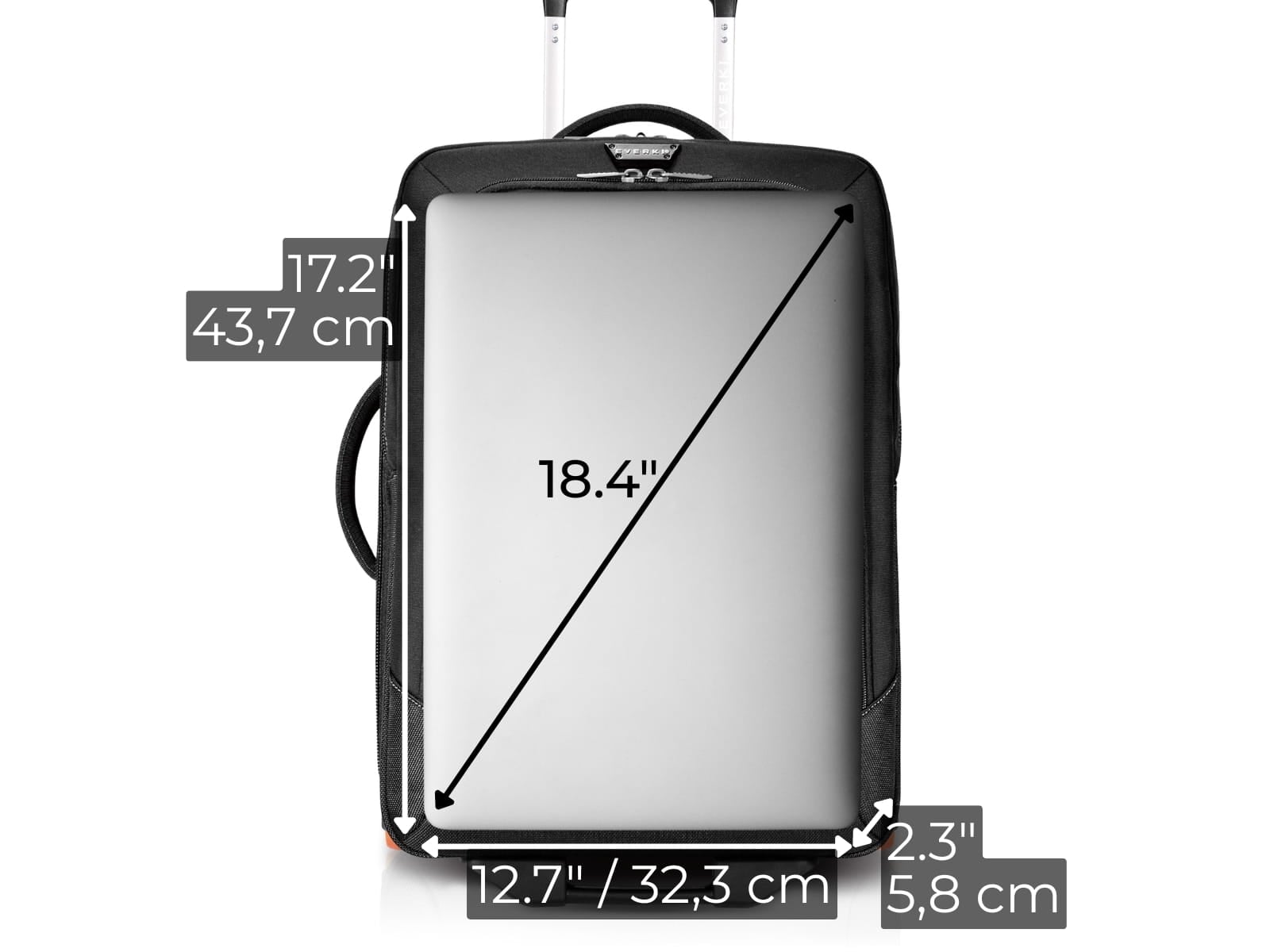 Diagram showing the maximum laptop dimensions that fit inside the Wheeled 420 Trolley removable sleeve.