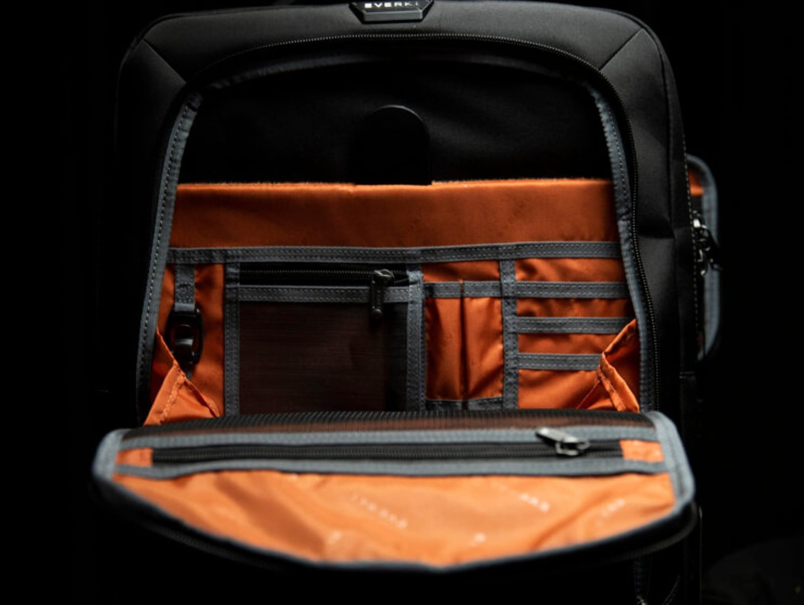 Close-up showing high-contrast lining and heavy-duty zippers