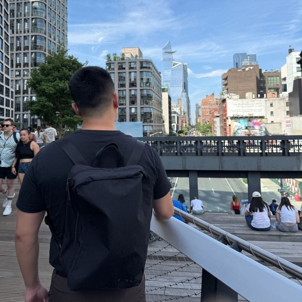 James wearing the L-Cube in New York