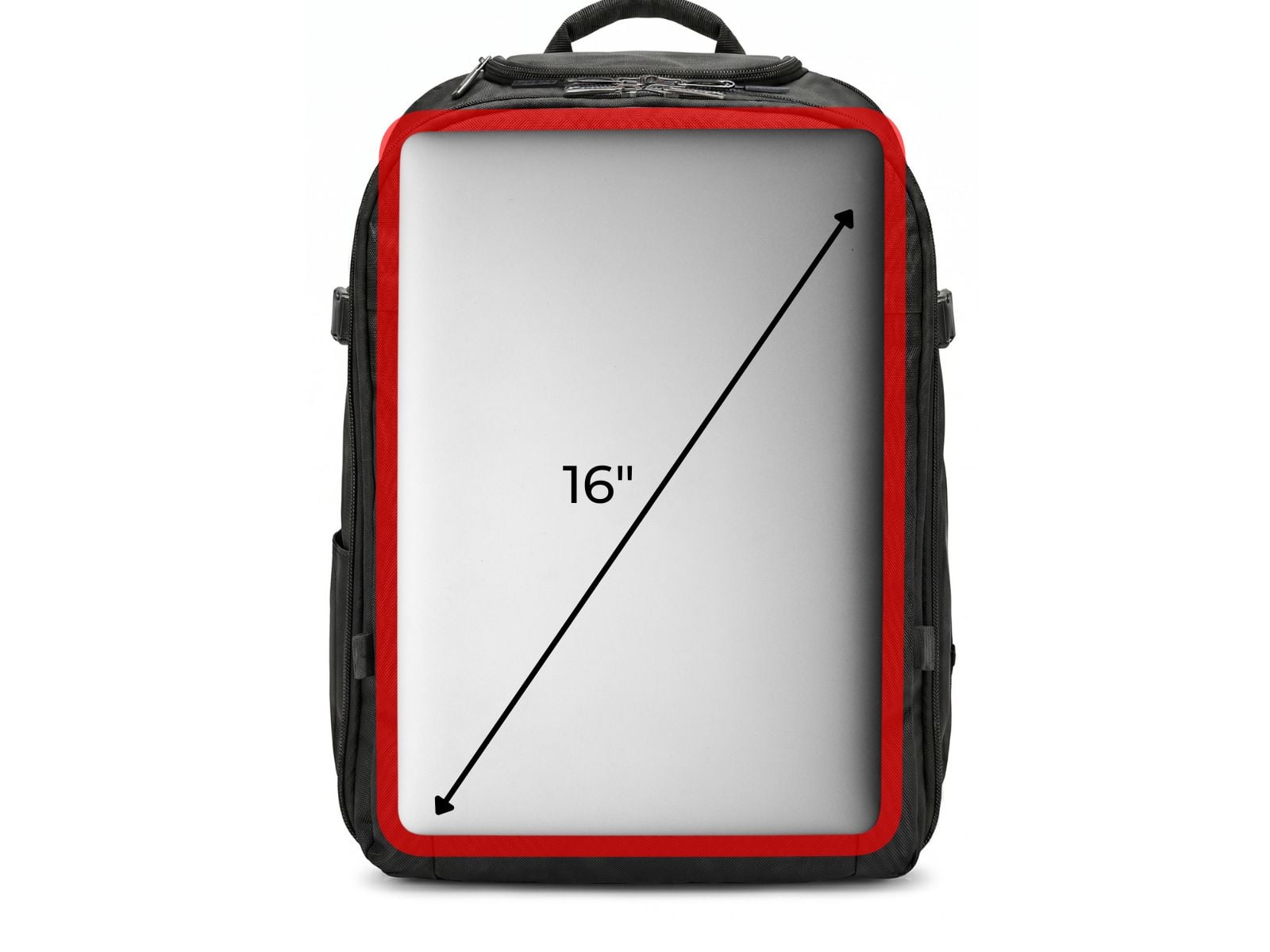 Diagram showing an oversized 17.3-inch laptop extending past the padded compartment zone.