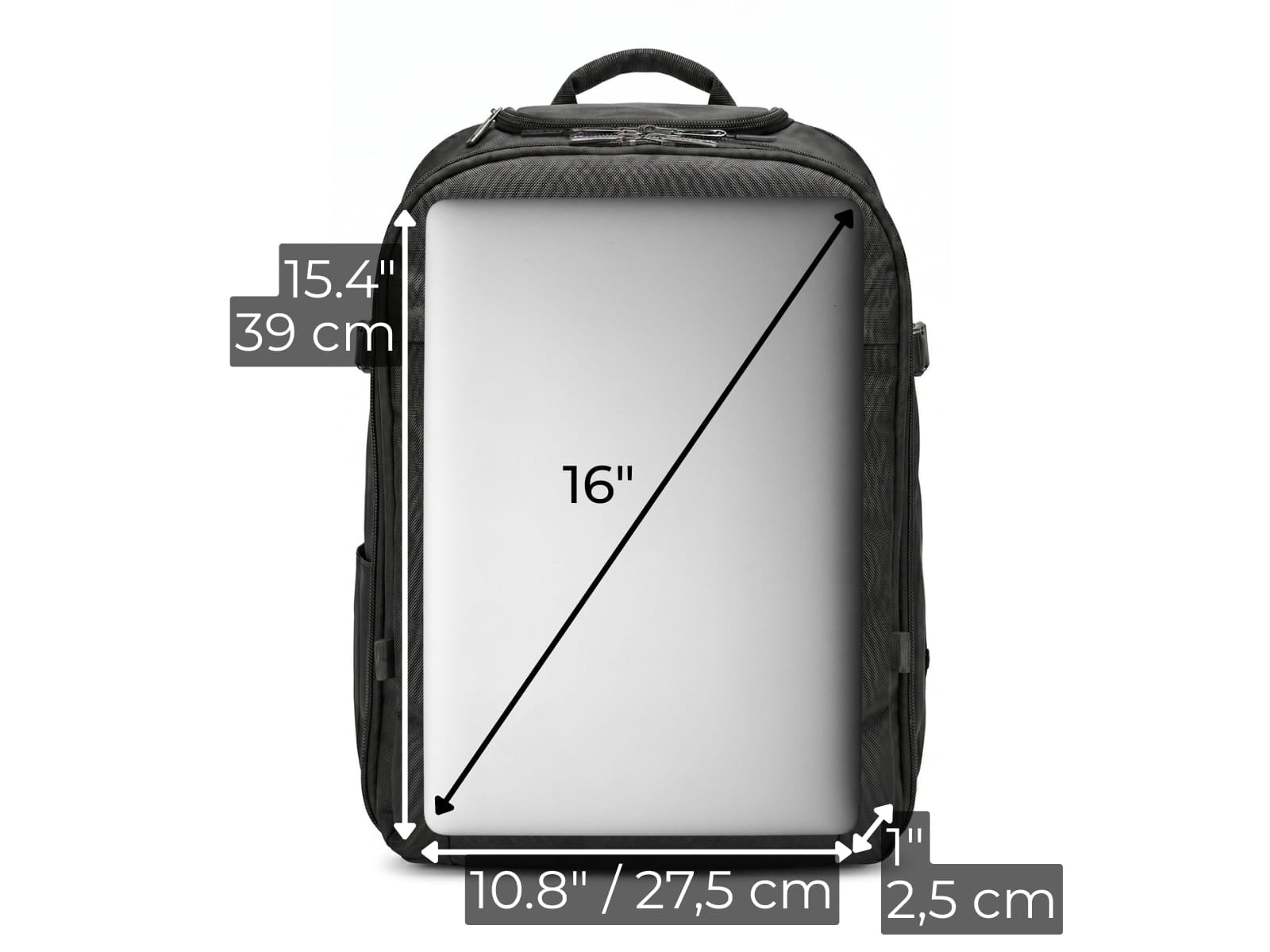 Diagram showing the maximum laptop dimensions that fit inside the EVERKI ONE laptop compartment.