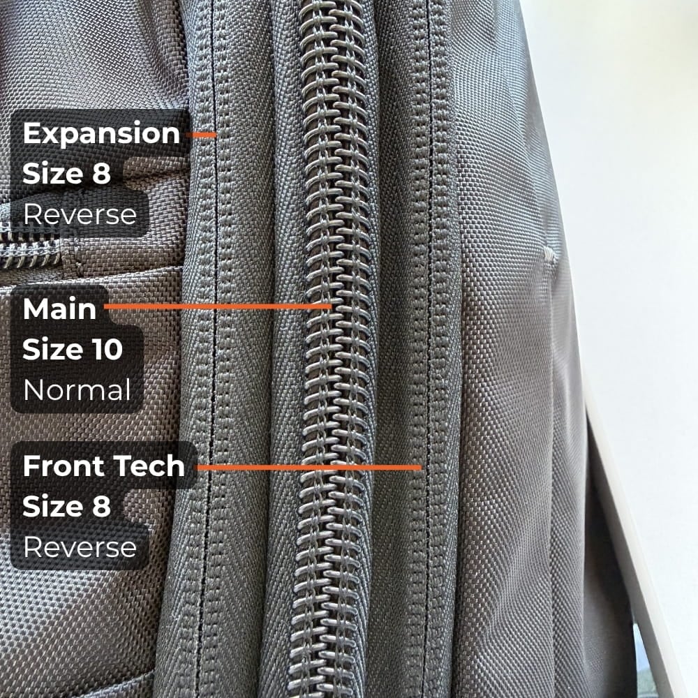 Close-up of the EVERKI ONE water-resistant zippers