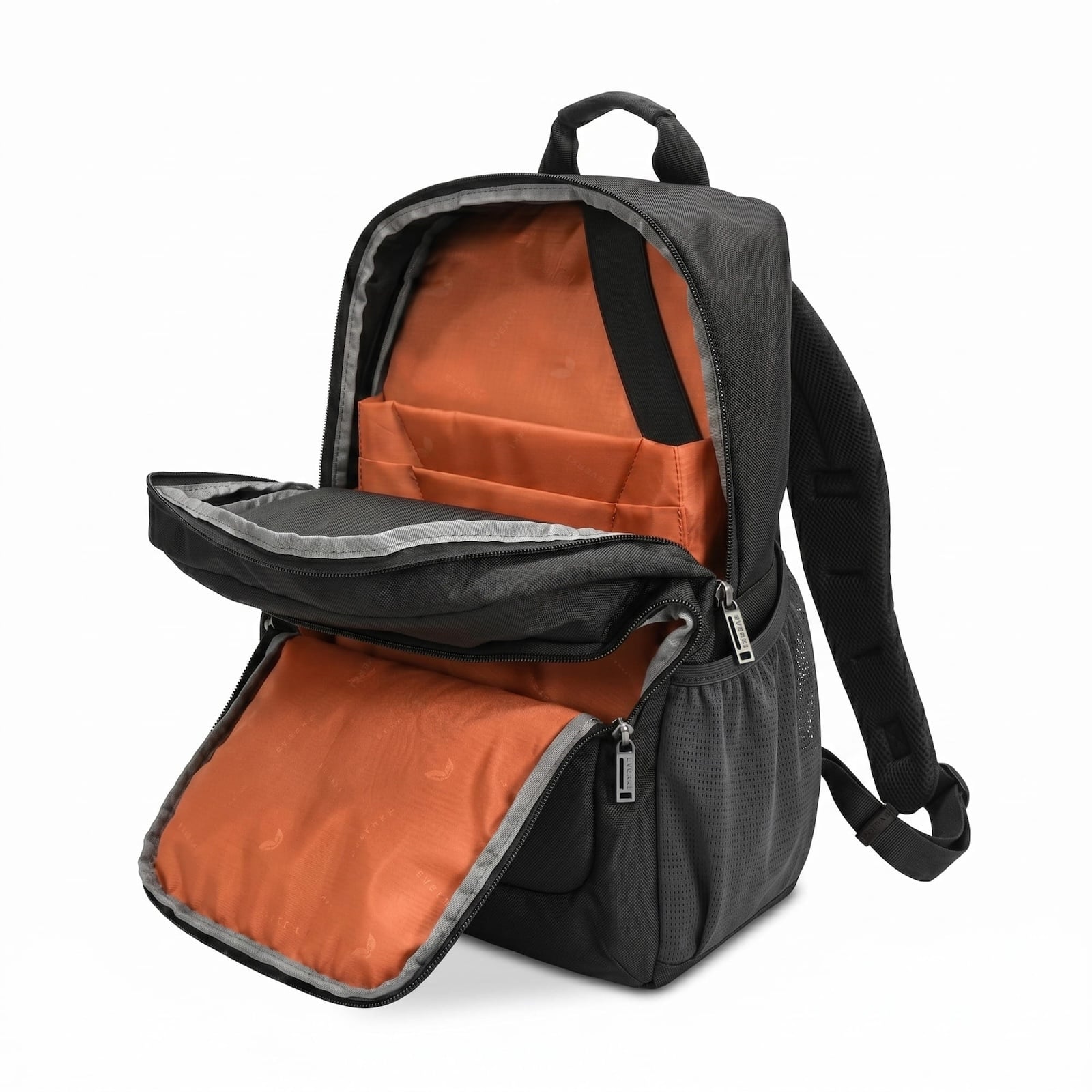 Advance Laptop Backpack ECO open, showing the main compartment, front organizer and side pockets