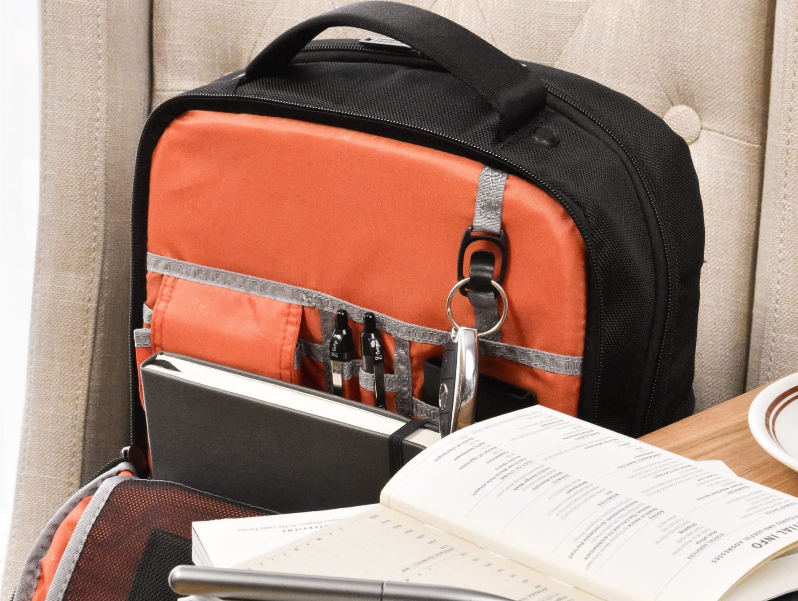 Close-up of the high-contrast orange interior lining