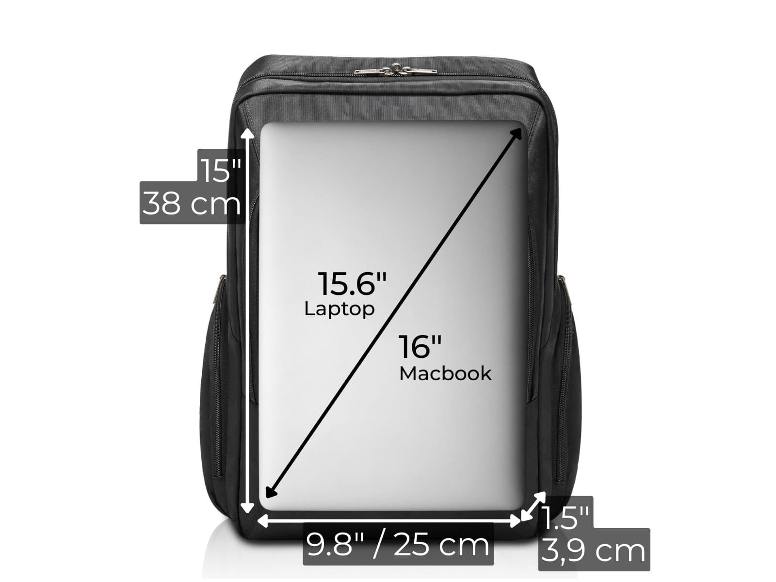 Diagramm mit den maximalen Laptop-Maßen für das gepolsterte Laptopfach des Studio Expandable ECO.