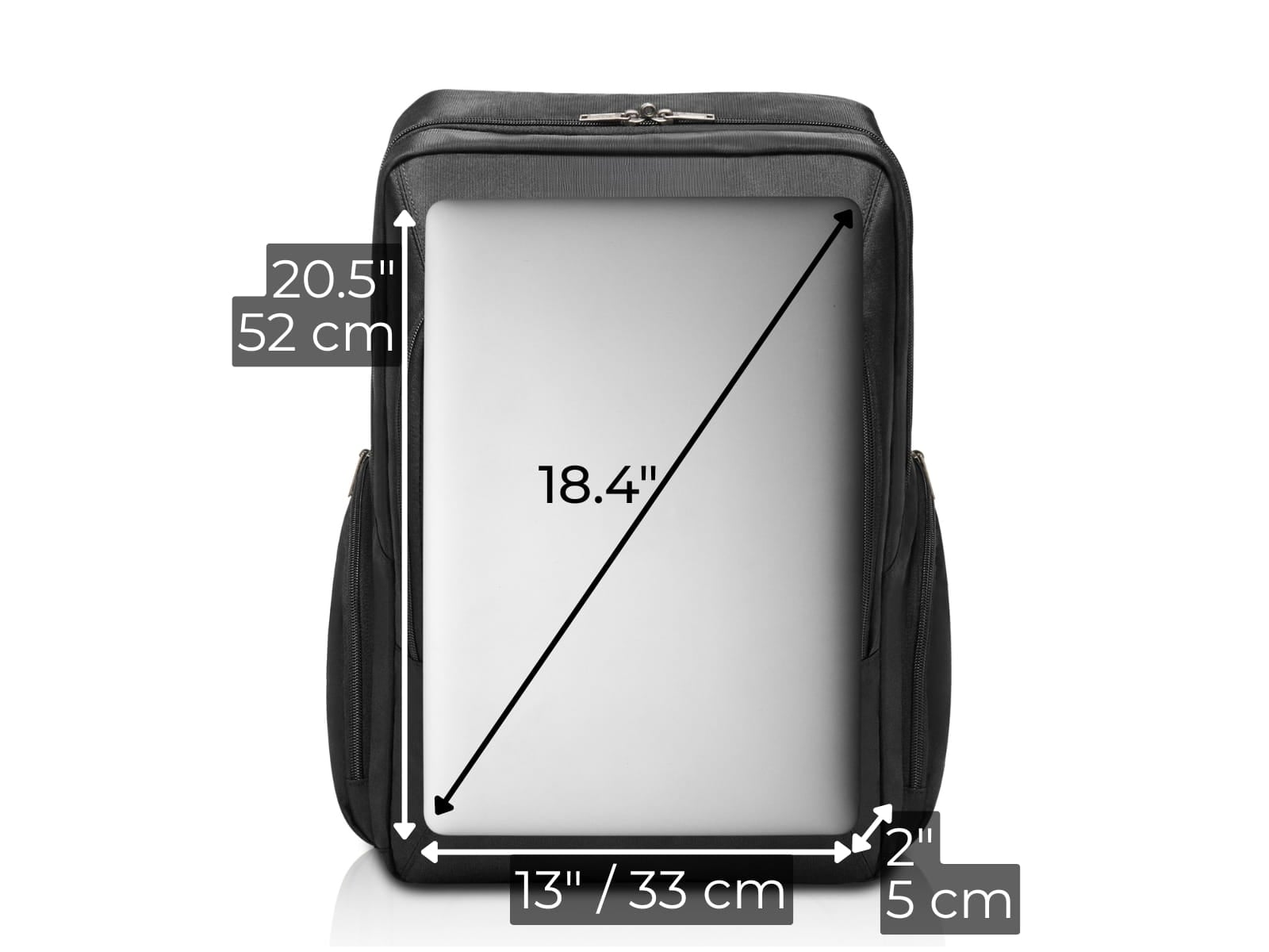 Diagram showing the maximum laptop dimensions that fit inside the Business 120 padded laptop compartment.