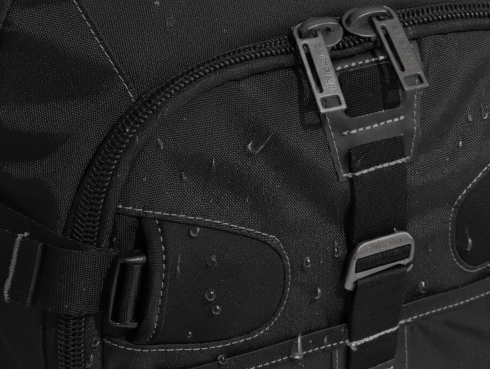 Macro texture photo representing 1680D water-repellent polyester and included rain cover