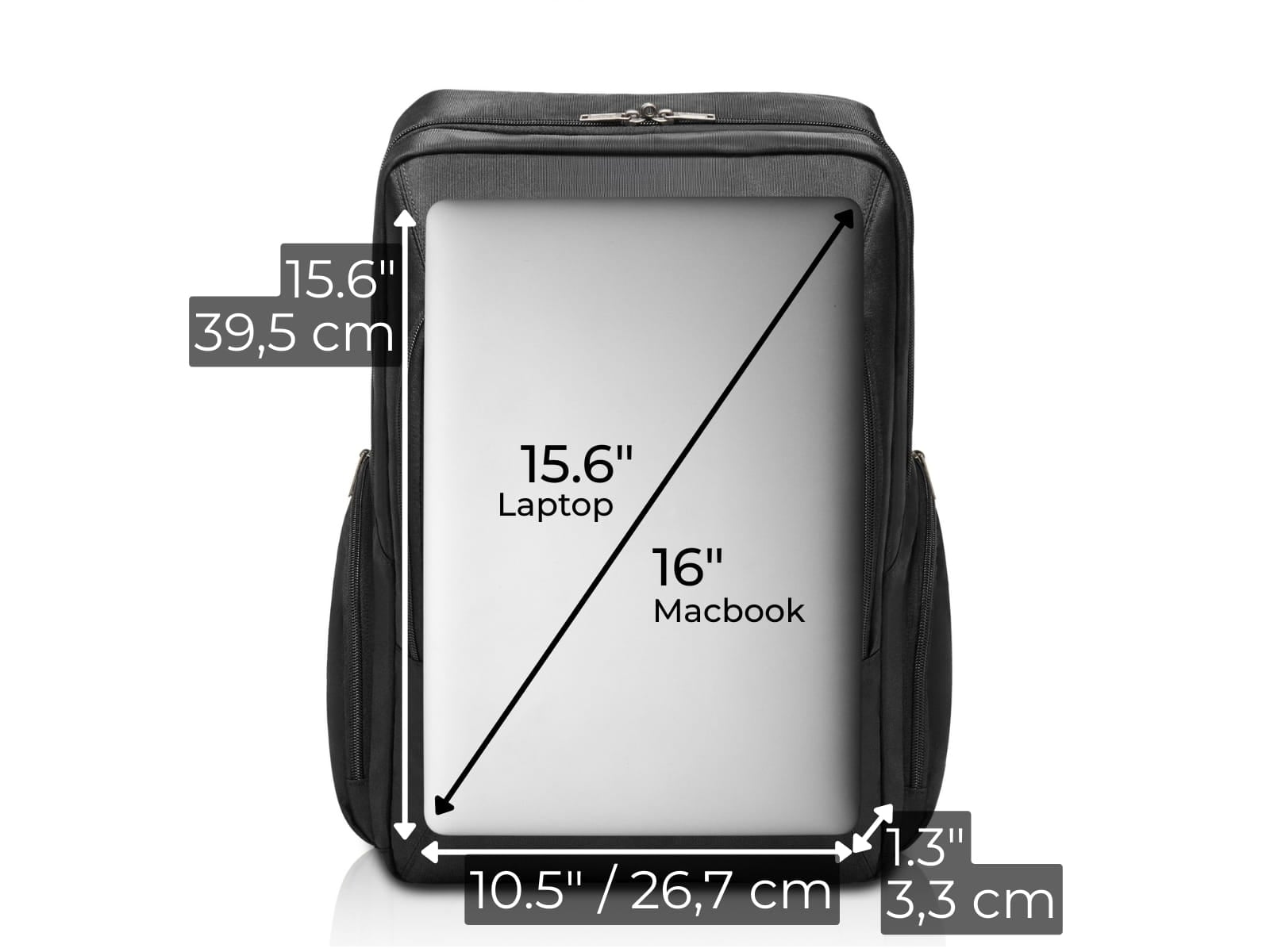 Diagram showing the maximum laptop dimensions that fit inside the Atlas Backpack padded sleeve.