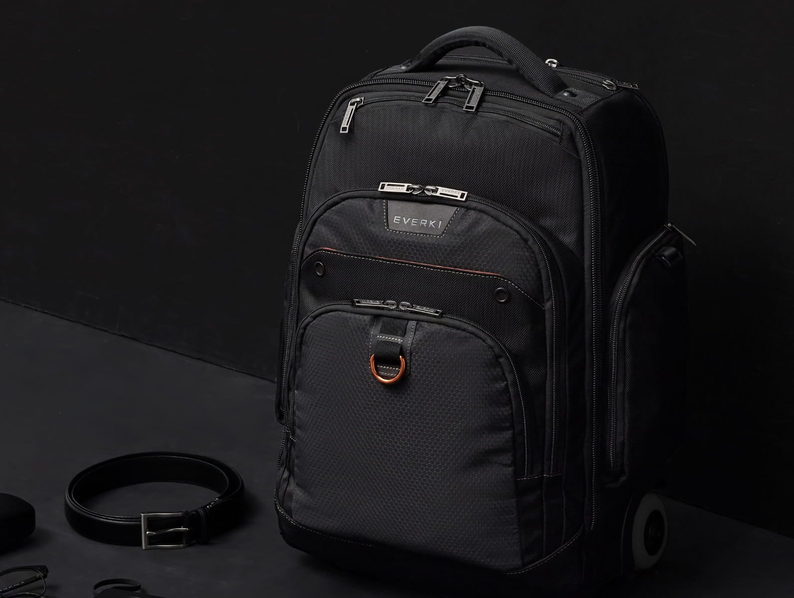 Close-up of heavy-duty zipper pulls and hardware