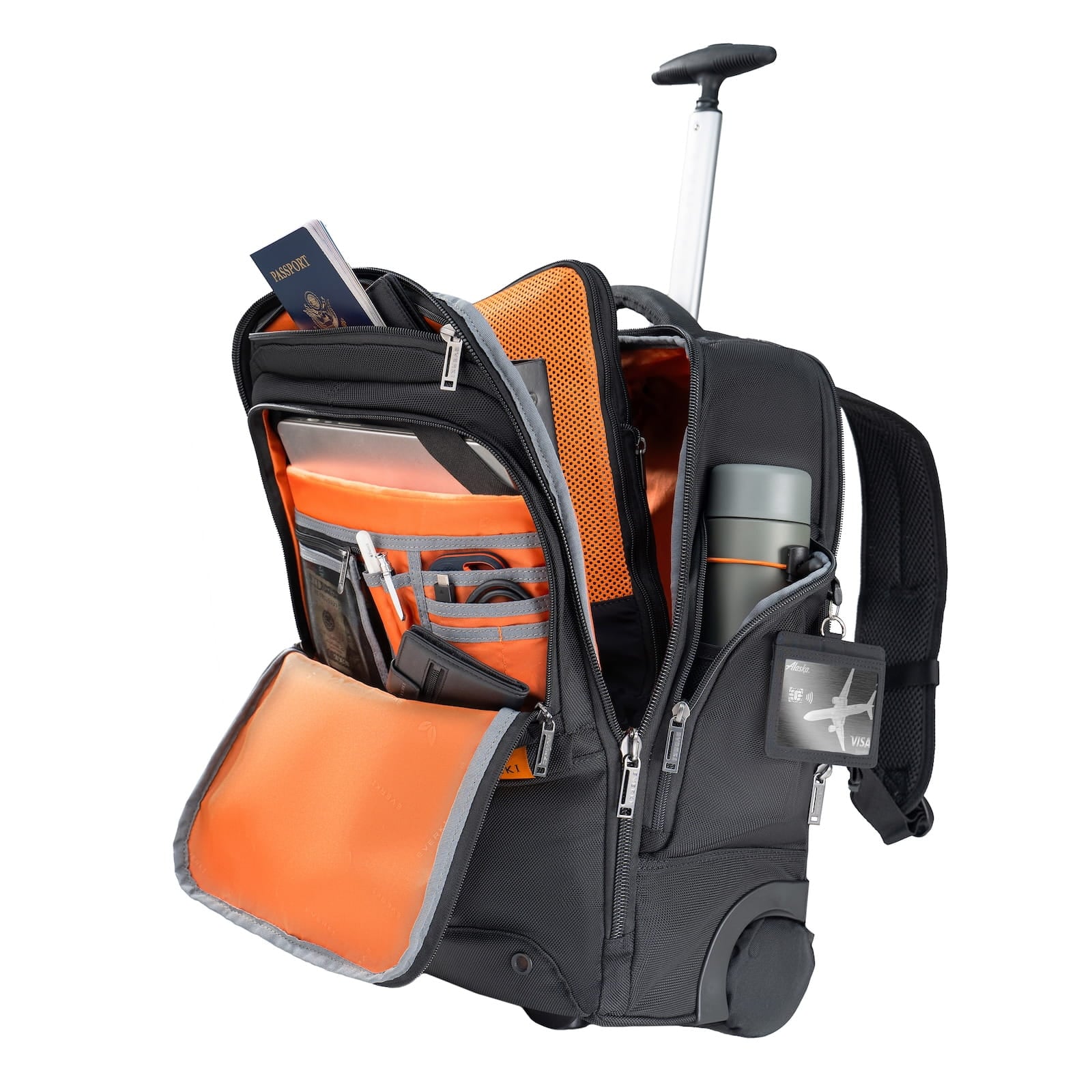 Wheeled 123 ouvert, montrant les compartiments et les poches.