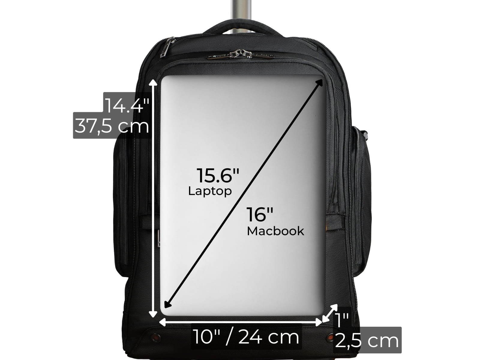 Schéma montrant les dimensions maximales d’ordinateur qui tiennent dans la housse rembourrée du Wheeled 123.