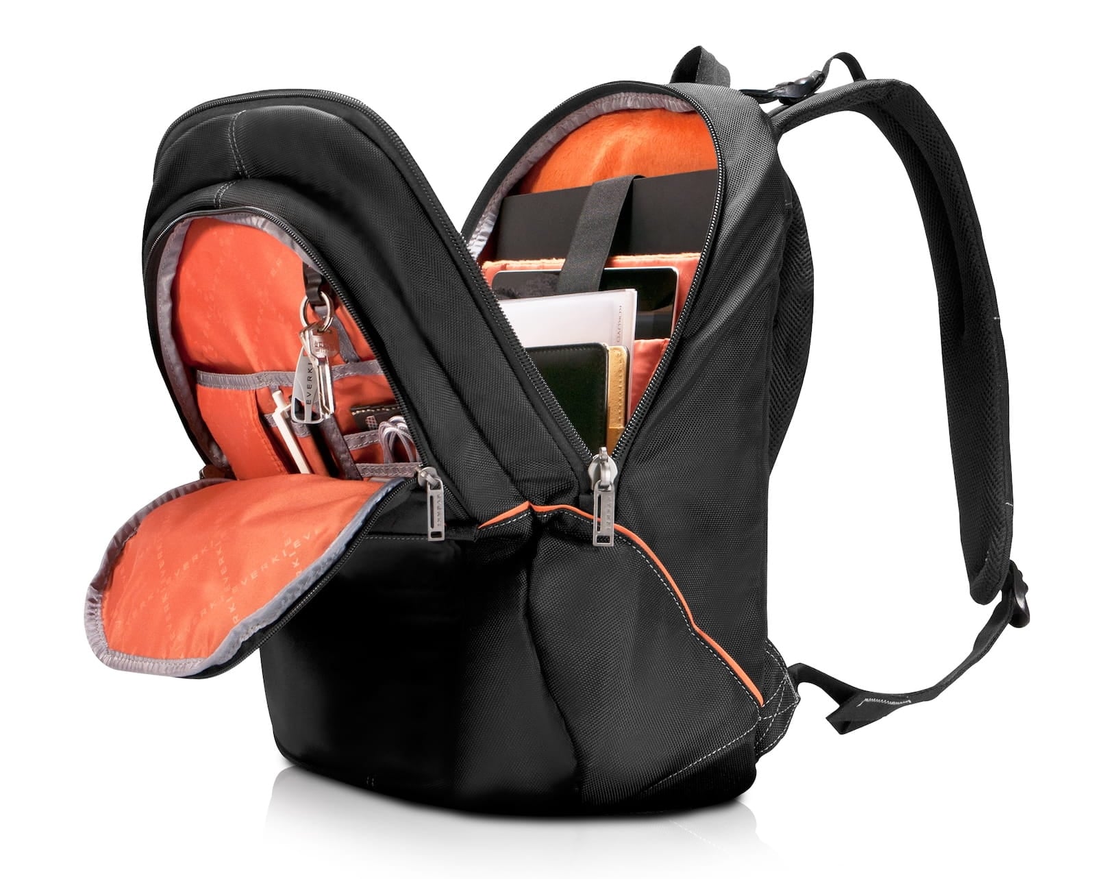 Glide Backpack open, showing compartments and pockets.