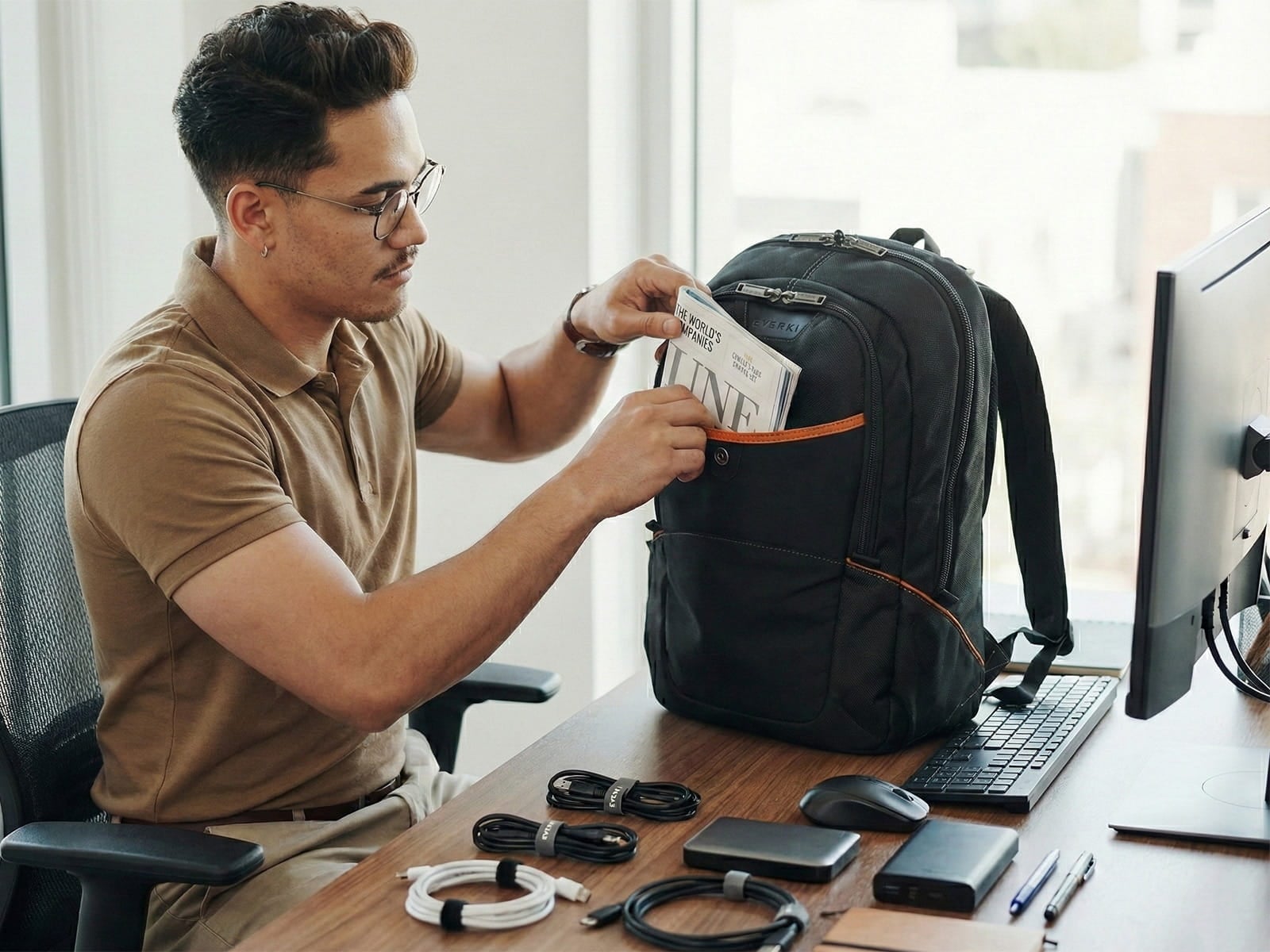 Glide Backpack shown in a commuting setting