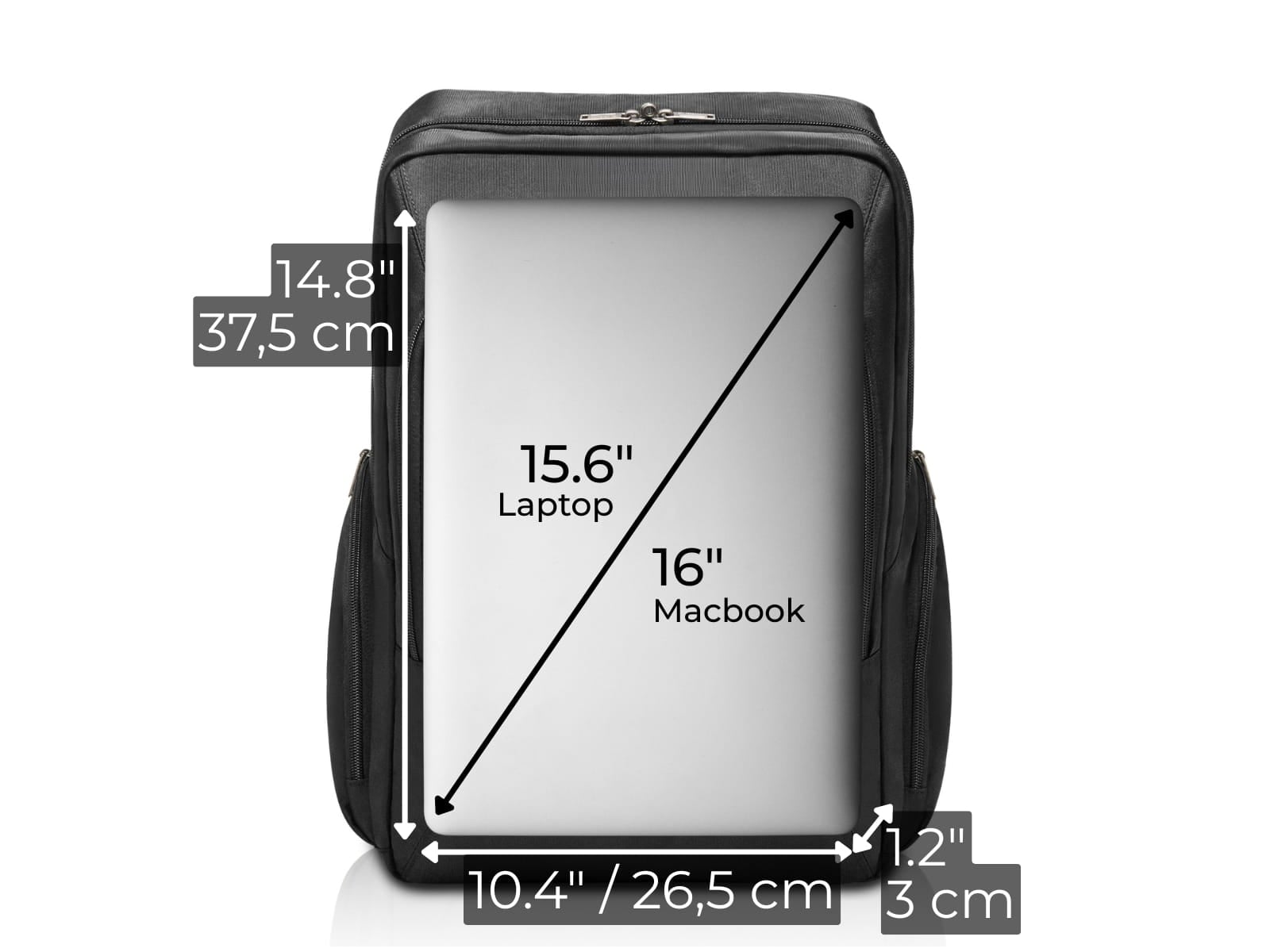 Diagram showing the maximum laptop dimensions that fit inside the Onyx Backpack padded laptop compartment.