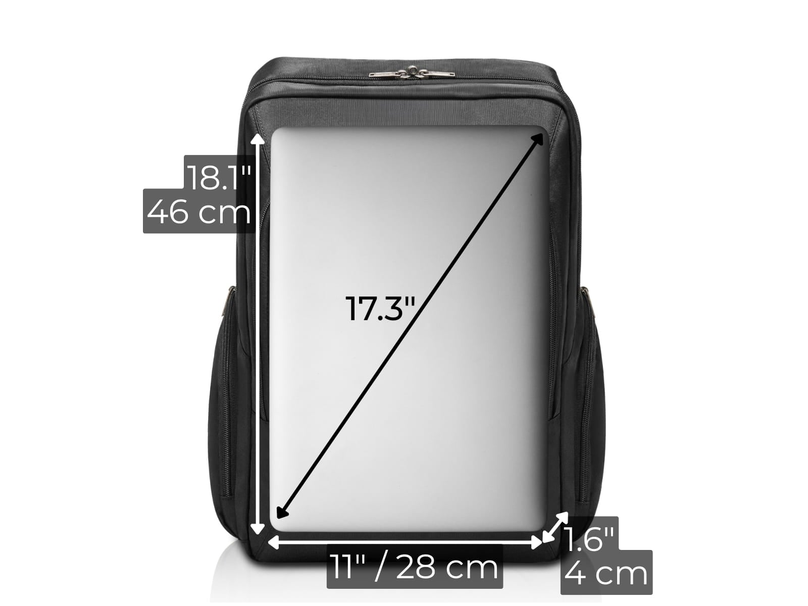 Diagram showing the maximum laptop dimensions that fit the padded sleeve.